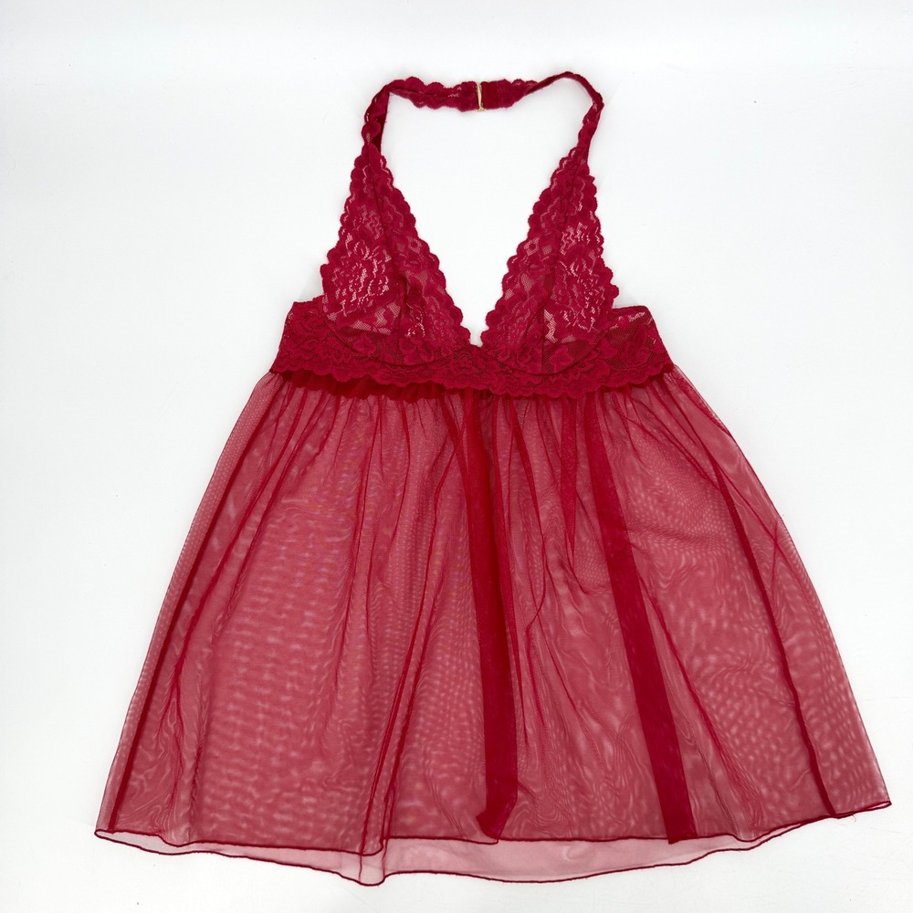 Victoria's Secret Red Sexy Mesh Lace Babydoll Halter Slip Nightie Sz S